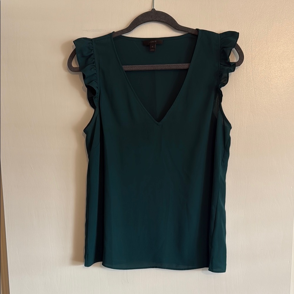 J. Crew Green Ruffled Blouse with V-Neck